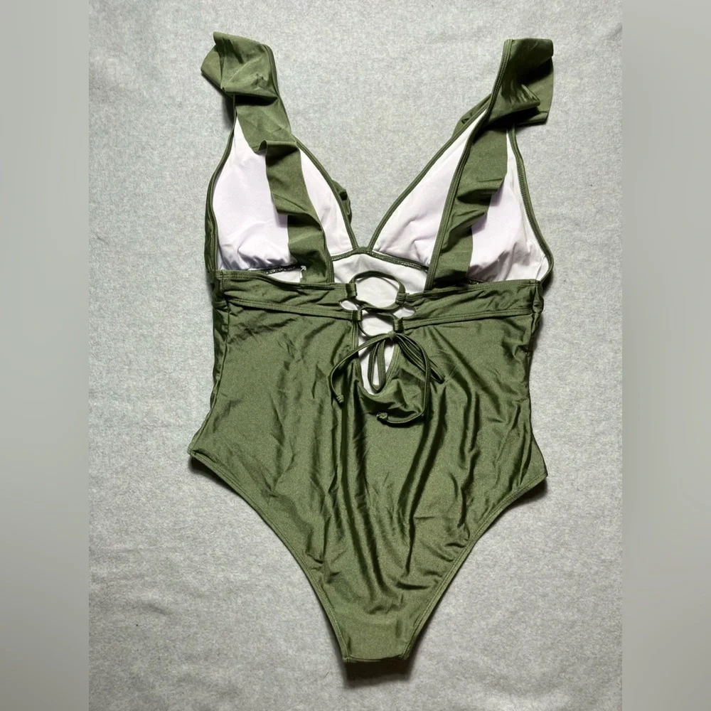 NEW Cupshe Olive Green Ruffle V neck Strappy swimsuit Size XL bathing‎ suit new